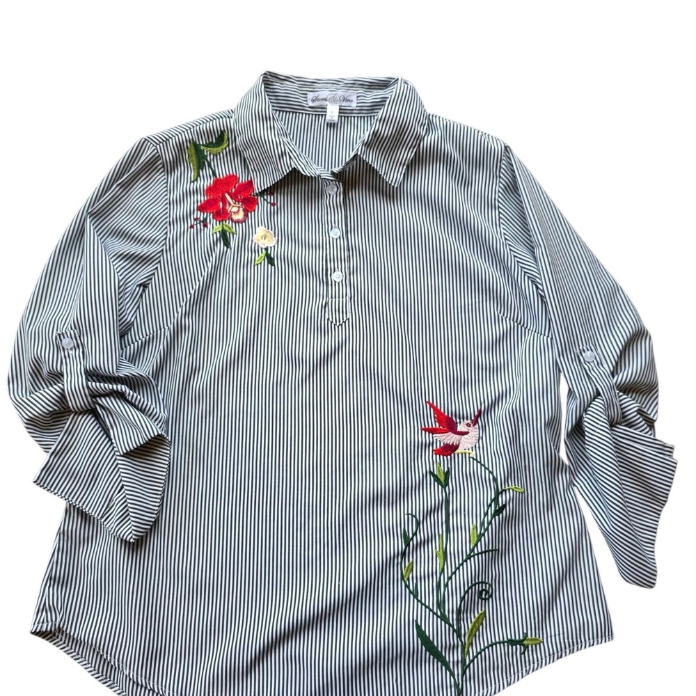 Stem And Vine Striped Embroidered Bird And Floral Tab Sleeve Blouse Size L #1032